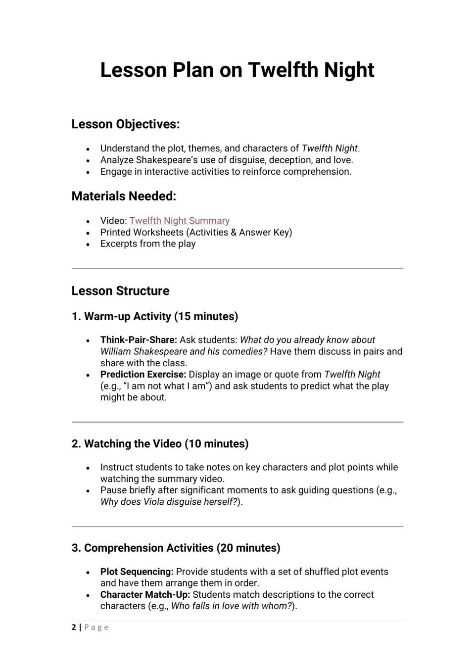 Twelfth Night teacher plan: objectives, materials, think-pair-share warm-up, summary video and plot and character tasks