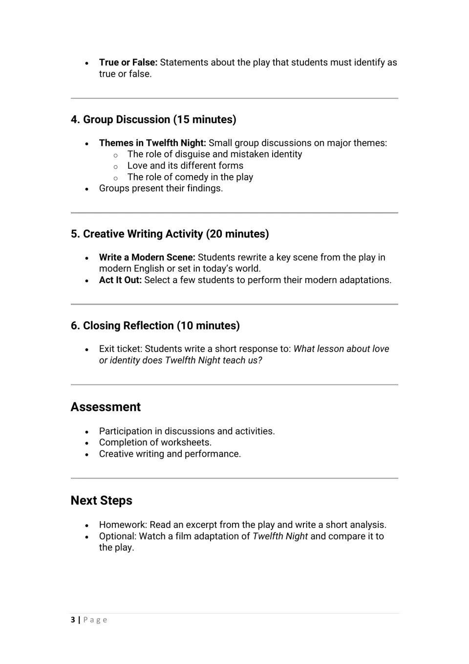 Lesson steps continued: group talk on disguise, love and comedy, modern scene rewrite, exit ticket, assessment and homework
