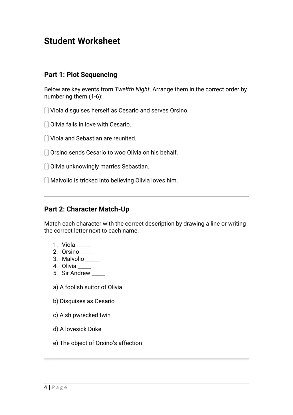 Plot sequencing and character match-up: students number six events in order, then match Viola, Orsino and others to roles