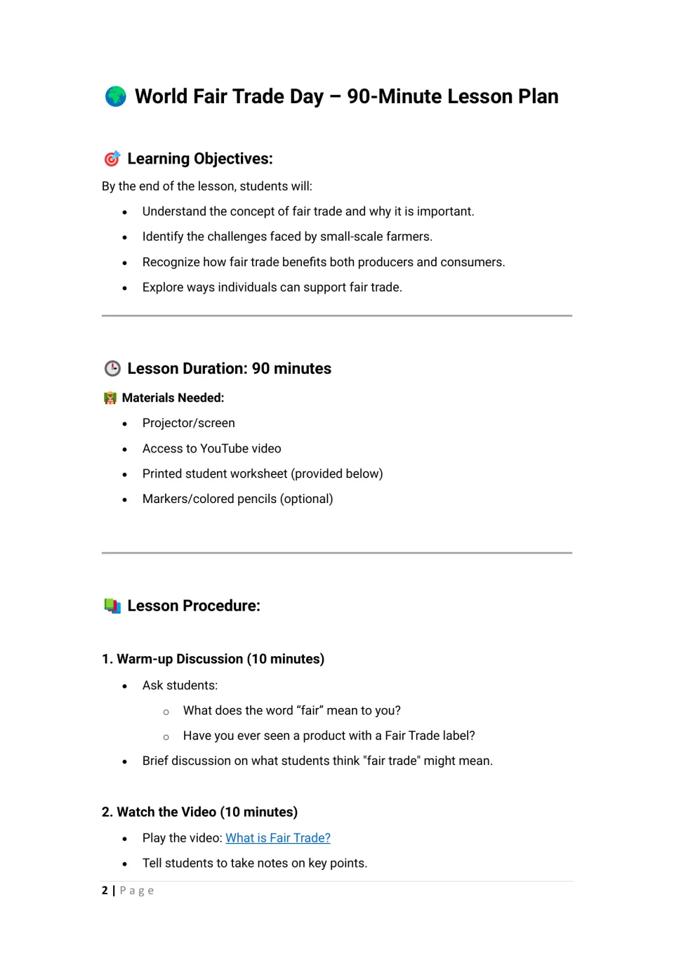 Lesson plan opening: fair trade learning objectives, materials, warm-up discussion, and a video activity