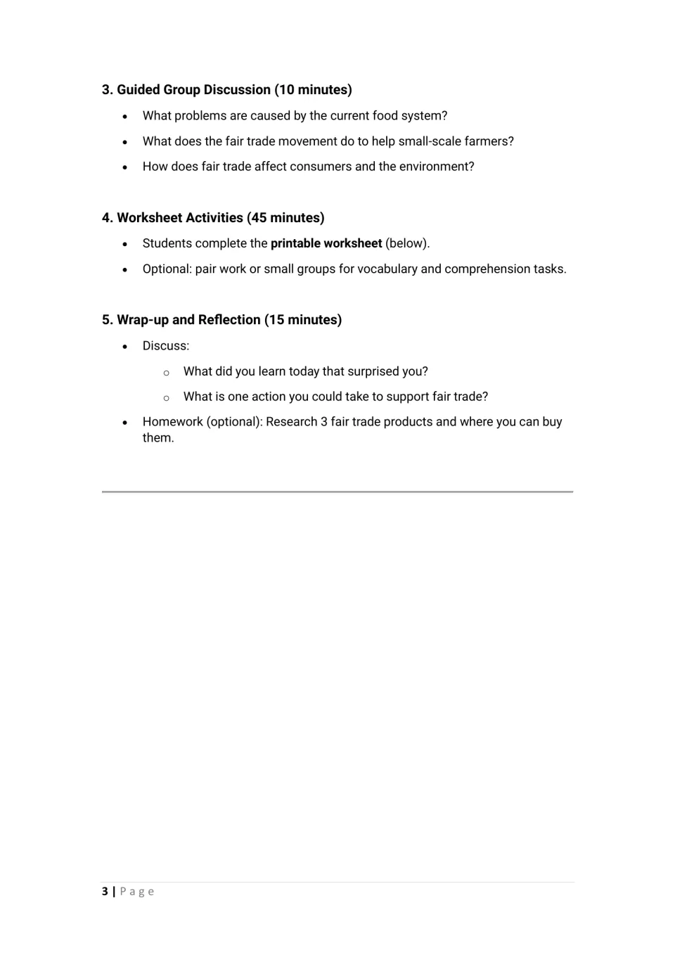 Lesson plan continuation: guided discussion, 45-minute worksheet activities, reflection, and optional homework
