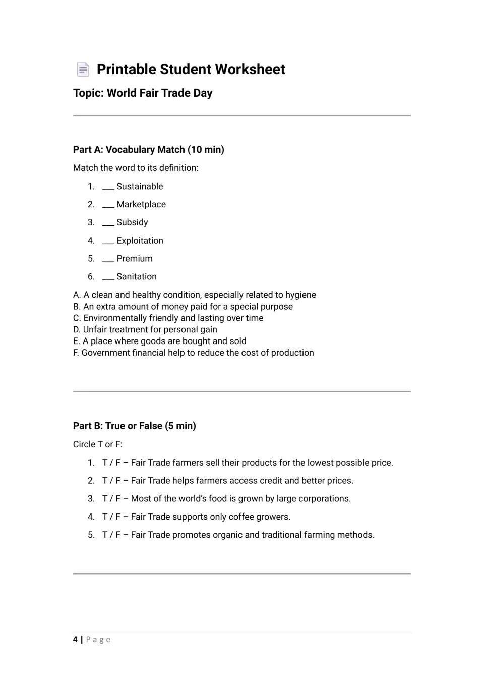Student worksheet Parts A–B: match six fair trade vocabulary terms and judge five true-or-false statements