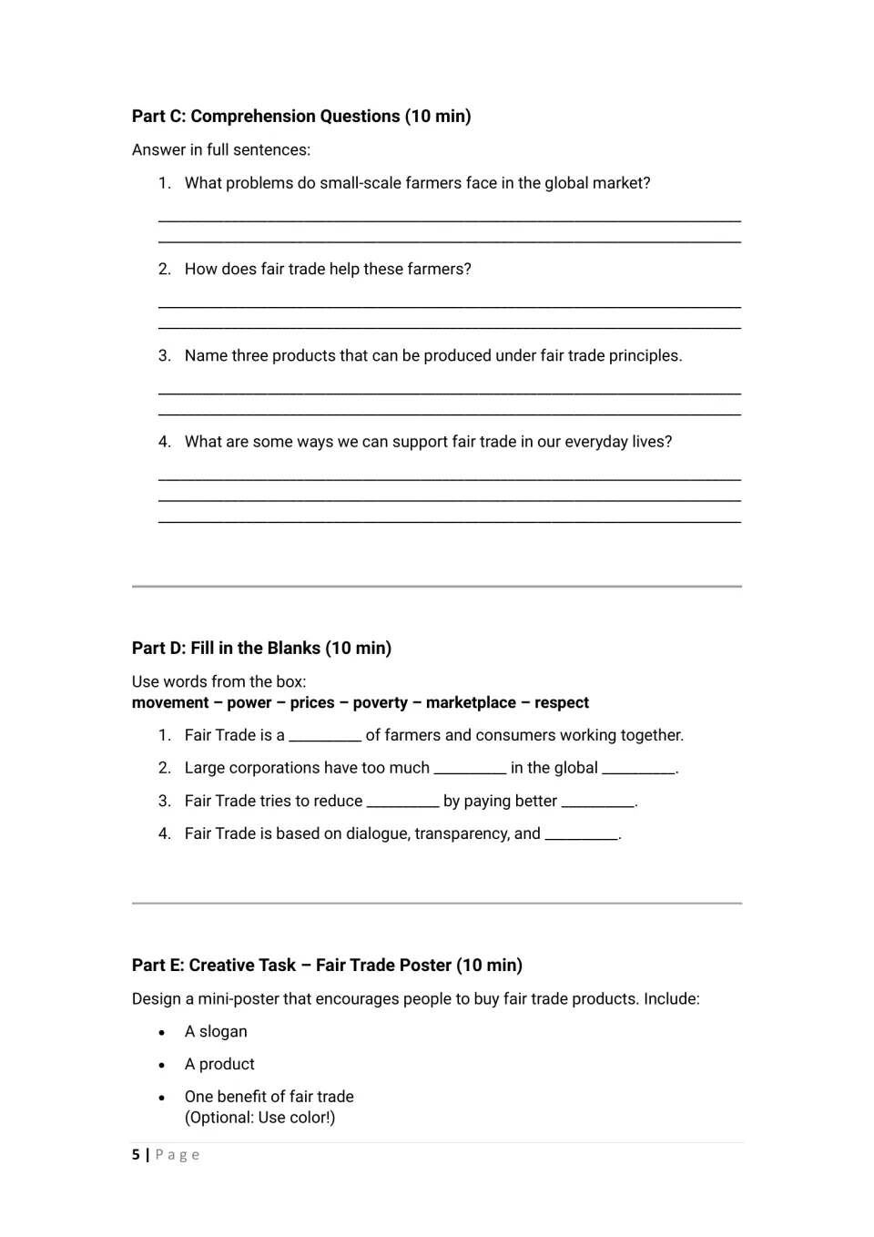 Student worksheet Parts C–E: four comprehension questions, four fill-in prompts, and a fair trade poster task