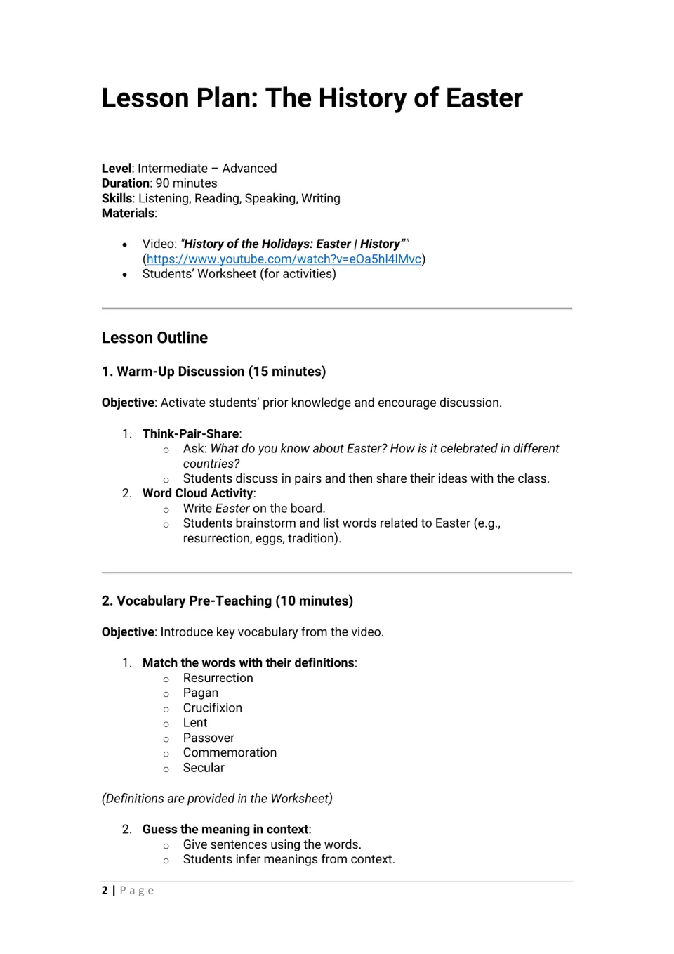 Easter lesson plan opening: video materials, warm-up discussion, and seven vocabulary words to introduce