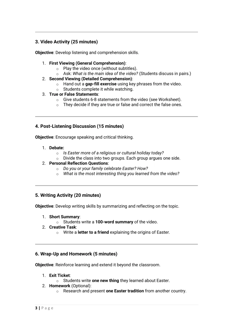 Easter lesson plan continuation: video comprehension, debate, summary writing, exit ticket, and homework