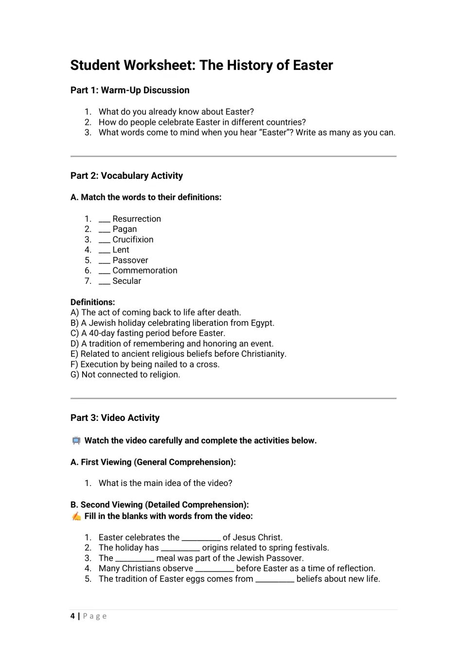 Easter student worksheet opening: warm-up questions, seven vocabulary matches, and five video gap fills