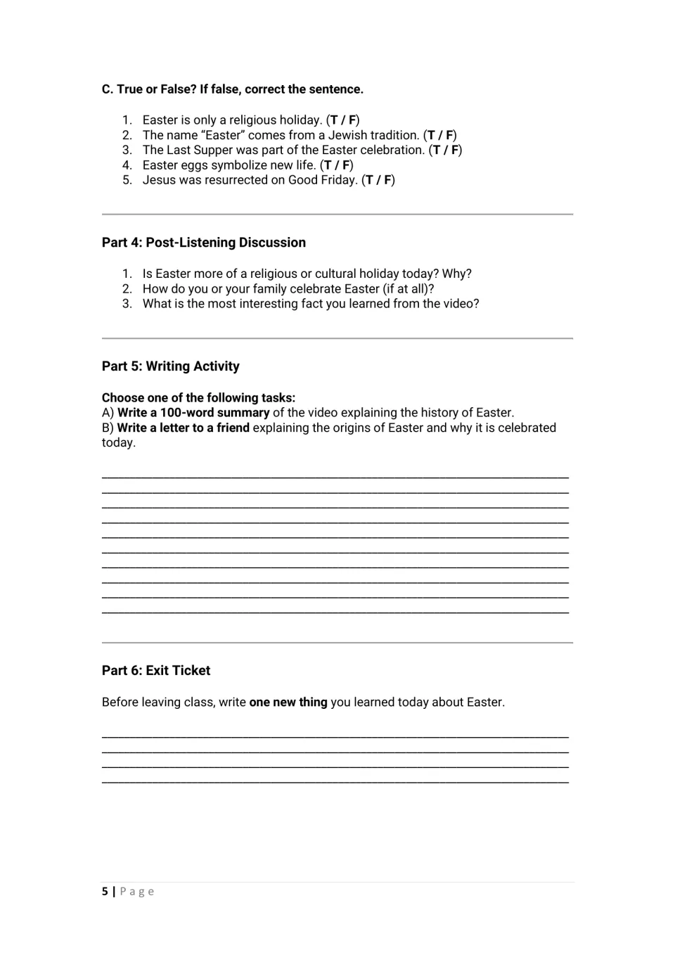 Easter student worksheet continuation: five true-or-false items, discussion, writing, and an exit ticket
