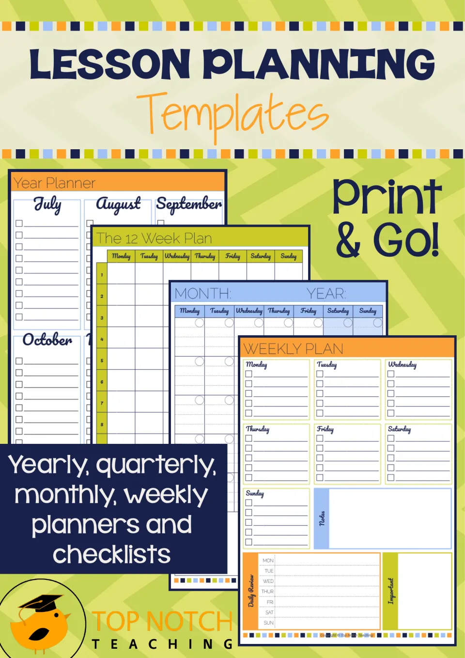 Lesson Planning Templates cover: yearly, quarterly, monthly and weekly planners and checklists, marked Print & Go