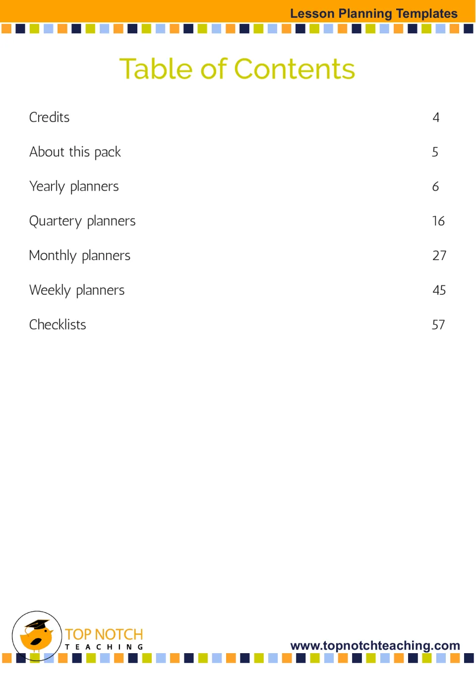 Table of contents listing credits, about this pack, yearly, quarterly, monthly and weekly planners, and checklists