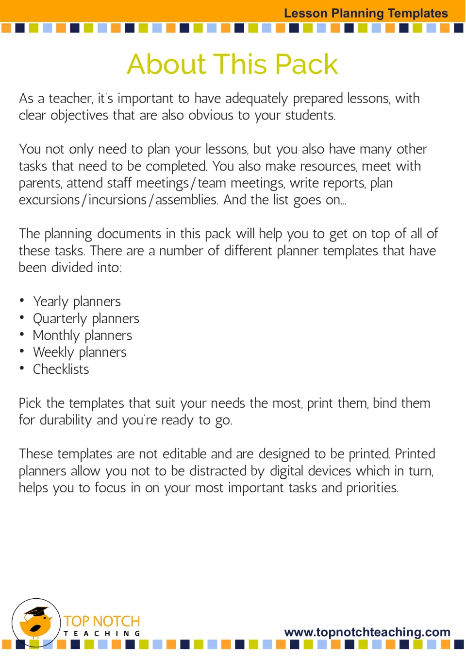 About This Pack: why printed planners help teachers manage lessons, meetings, reports and other tasks