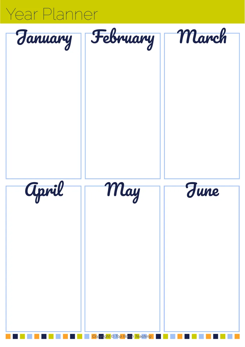 Year planner, January to June: a blank space under each month for noting key dates and events