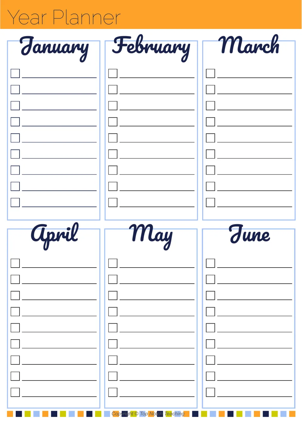 Year planner checklist, January to June: nine checkbox lines per month for tracking tasks and deadlines