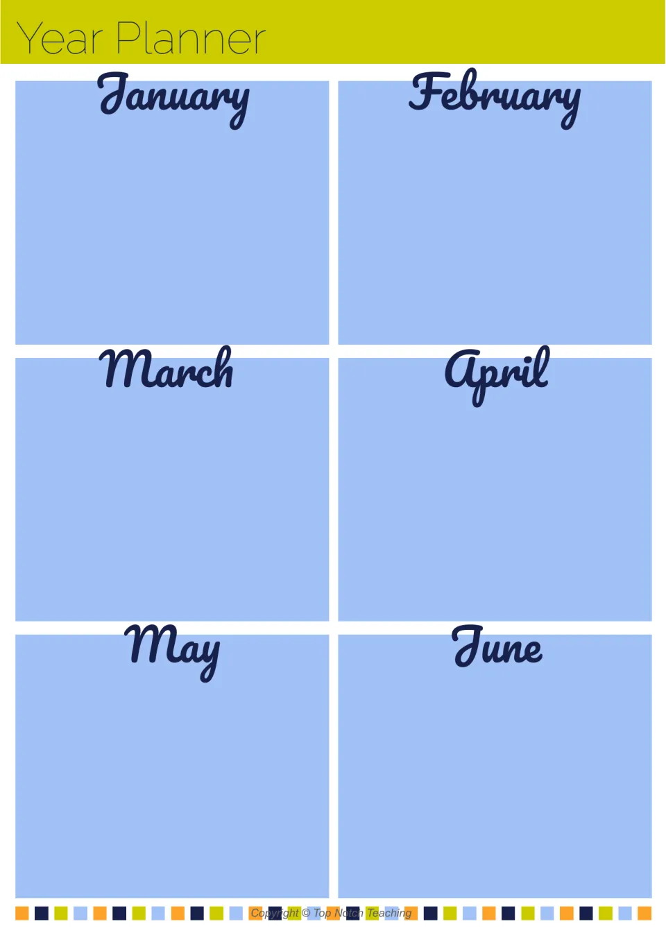 Year planner in blue, January to June in six open spaces for jotting dates, events and reminders