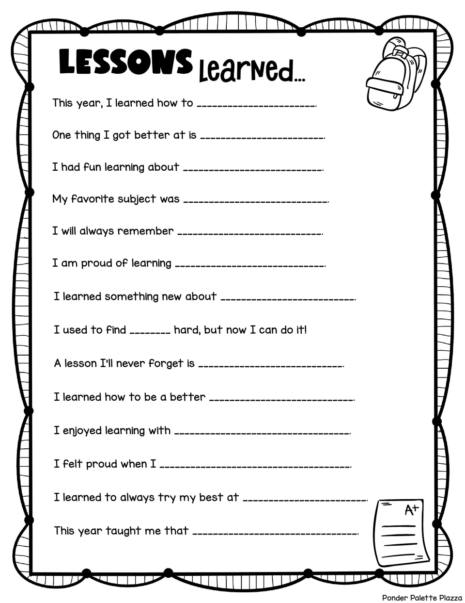 End-of-year reflection sheet with 14 prompts about skills learned, growth, favorite subjects, and memories.