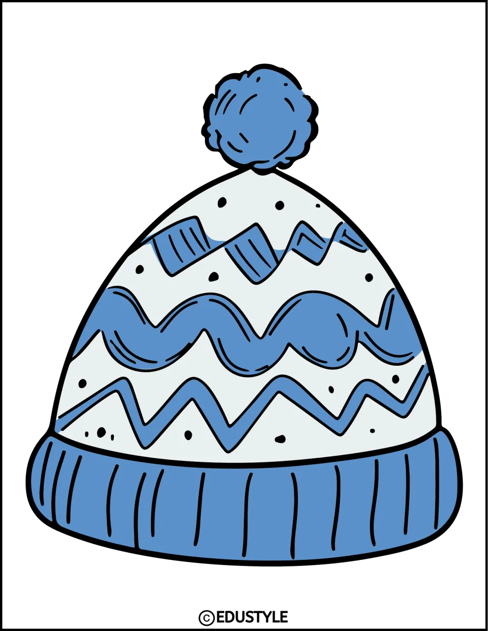 Single blue and white beanie cutout with wavy and zigzag patterns and a blue pom-pom for the winter display