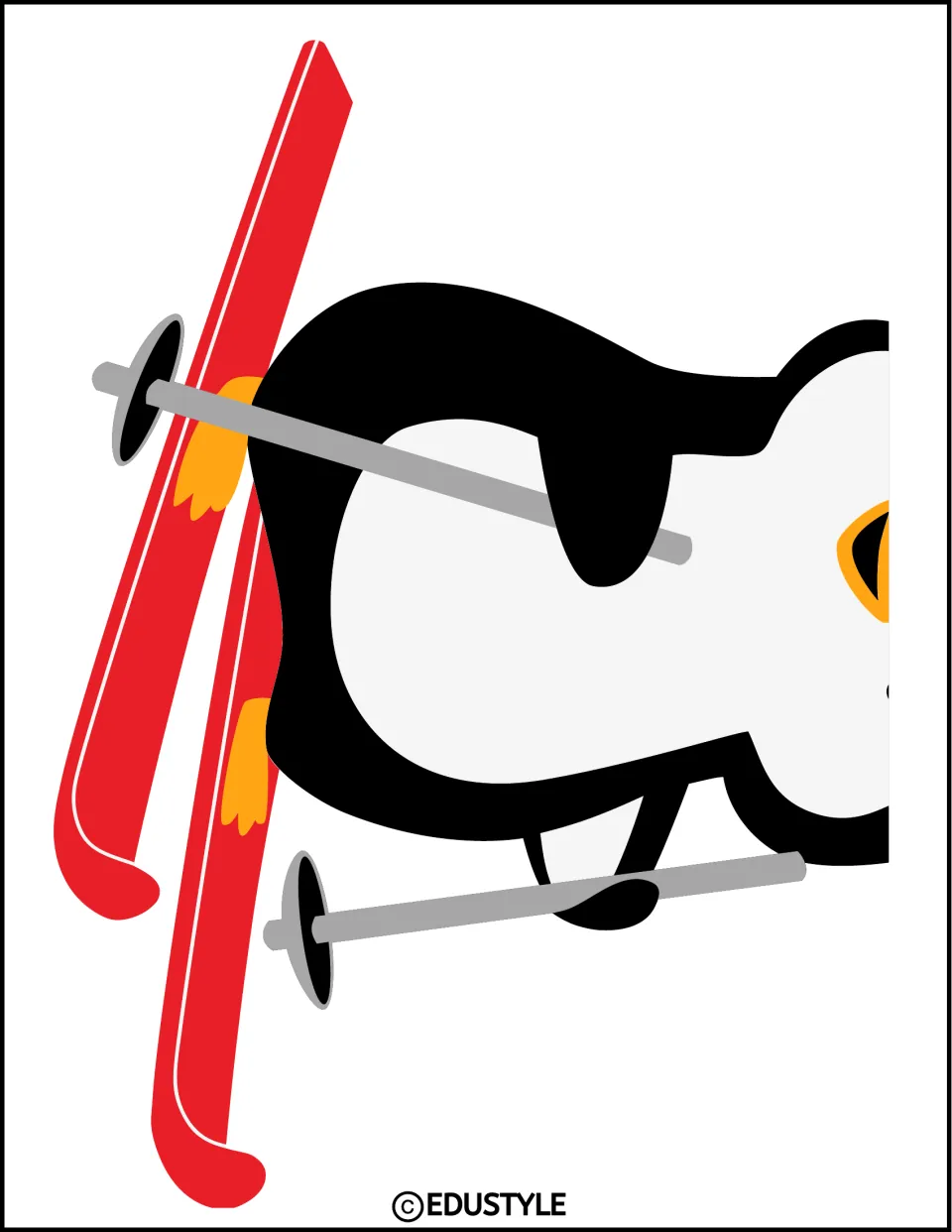 Enlarged penguin section for winter decor, showing red skis with tips toward the page bottom and gray poles