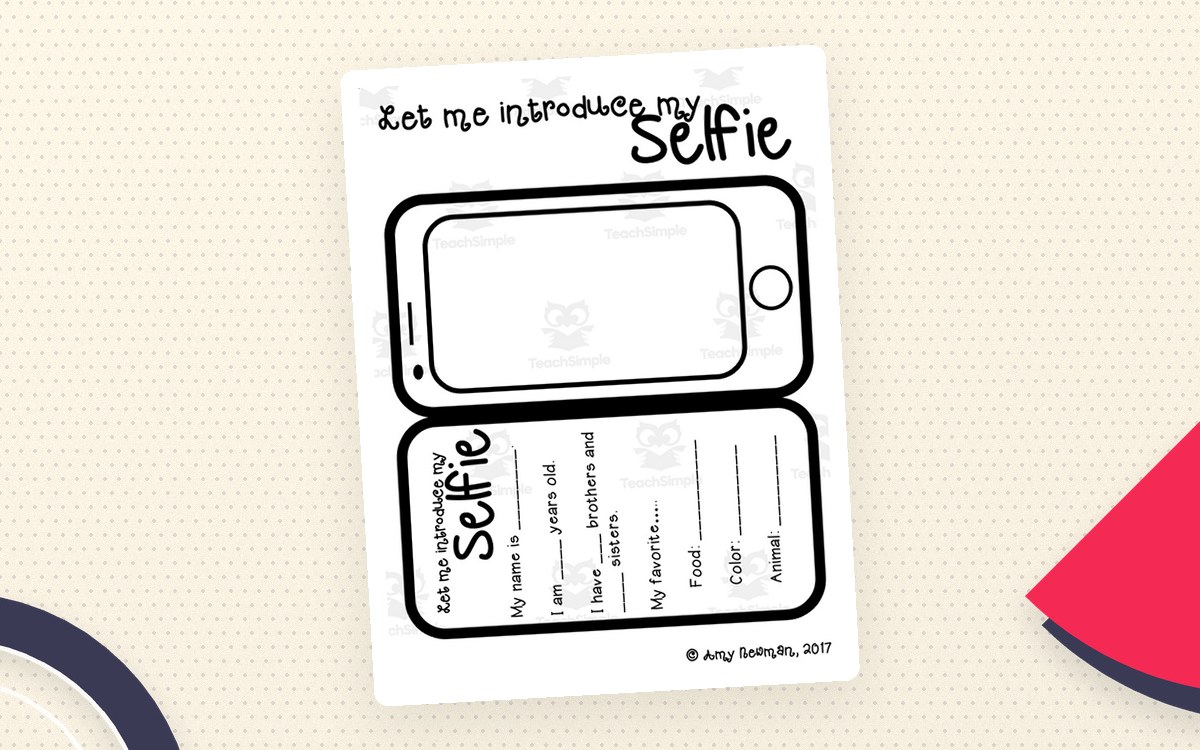 Let Me Introduce My Selfie page with a phone-shaped drawing area and sentence frames.