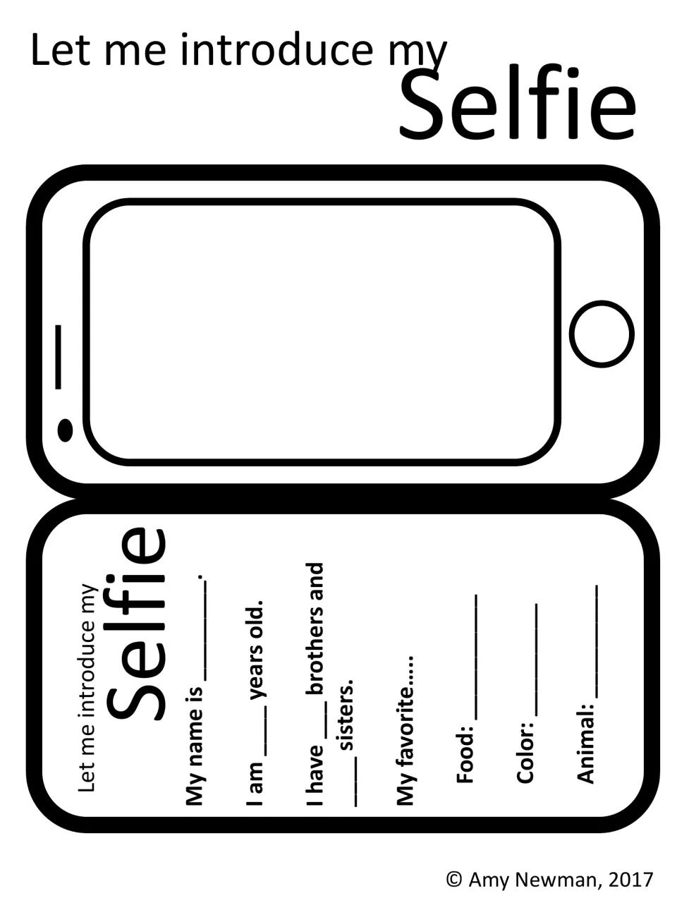 Selfie activity template 1: draw yourself and fill in your name, age, siblings, favorite food, color, and animal.