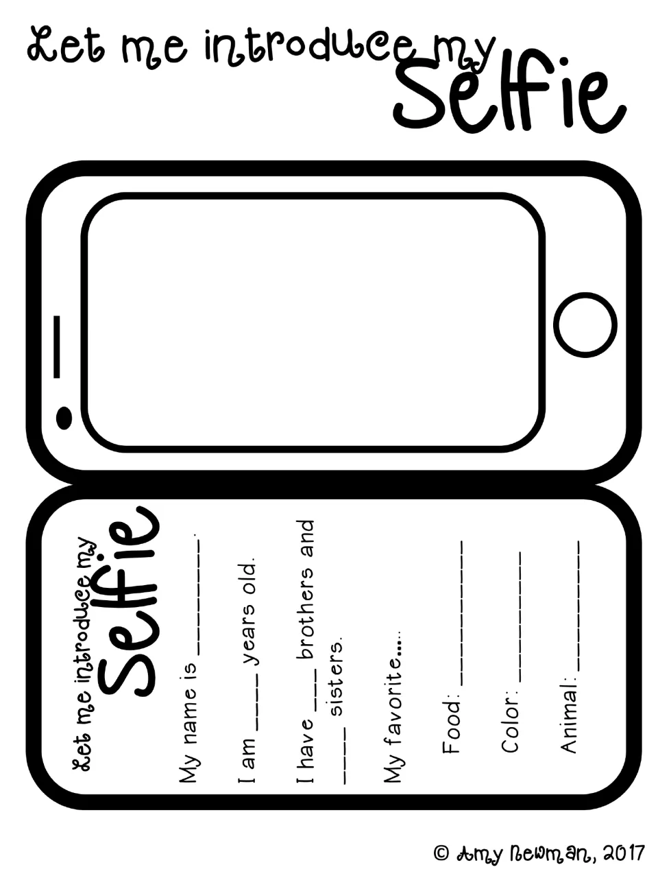 Selfie activity template 2: add a self-portrait, name, age, siblings, and favorite food, color, and animal.