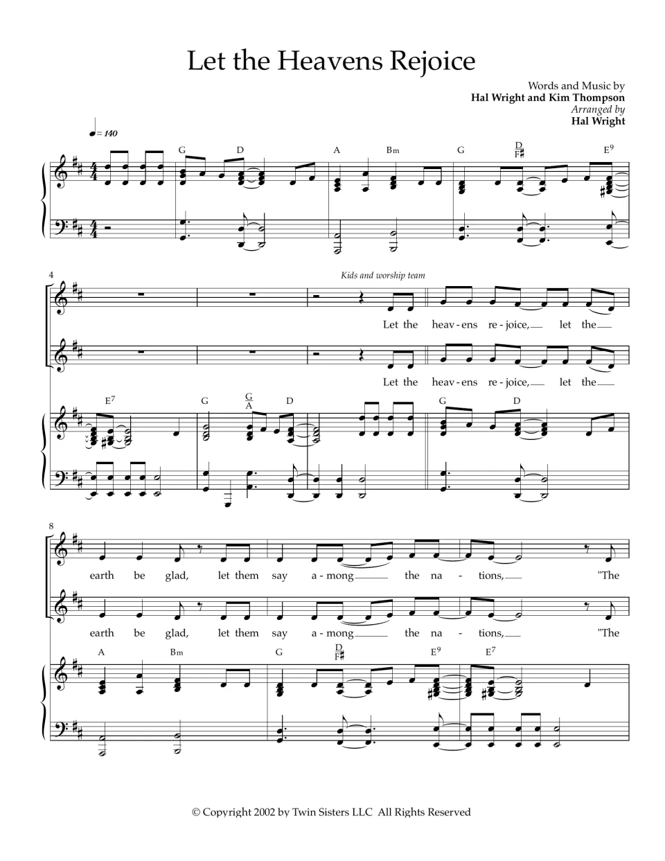 Let the Heavens Rejoice score, bars 1-10: piano intro in D at 140 bpm, then kids and worship team sing two vocal lines
