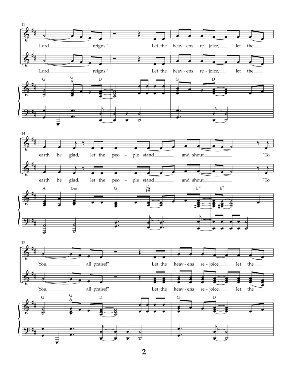 Song score bars 11-19: voices sing "Lord reigns," the refrain again and "let the people stand and shout" over piano chords