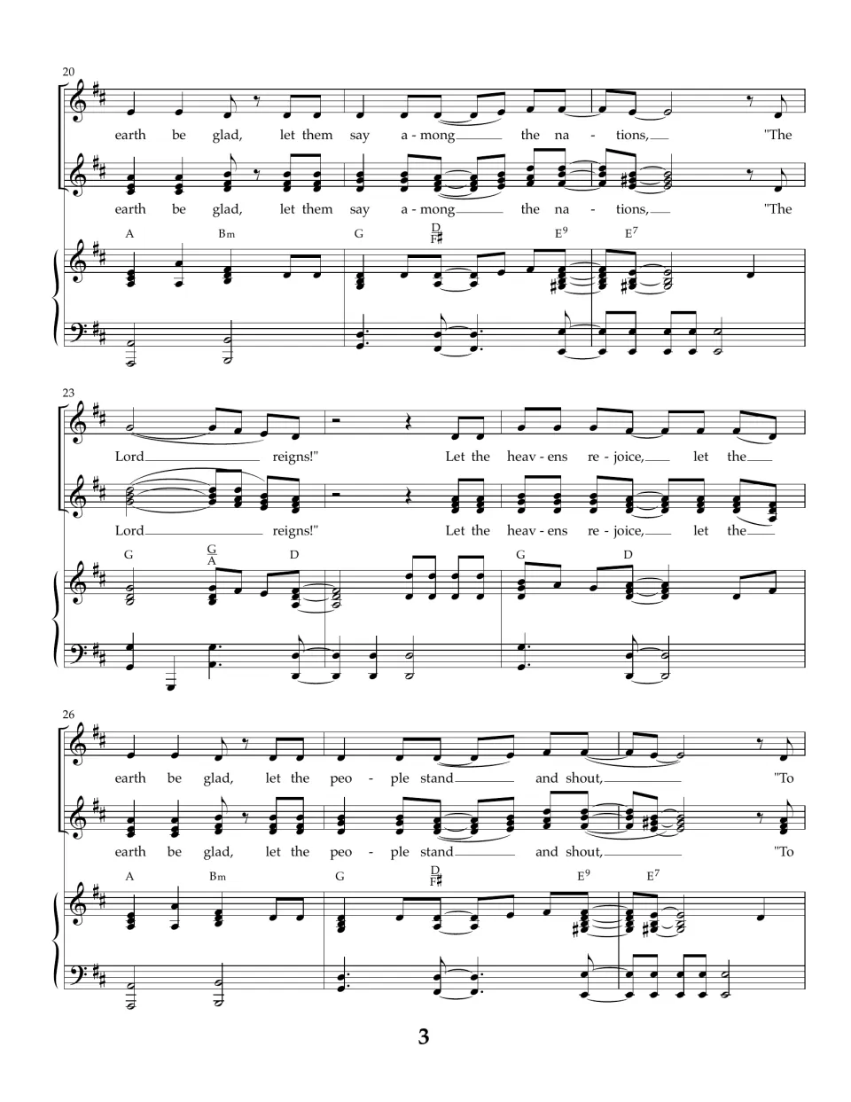 Score bars 20-28: the second voice adds harmony on the "earth be glad" and "Lord reigns" lines, with piano below