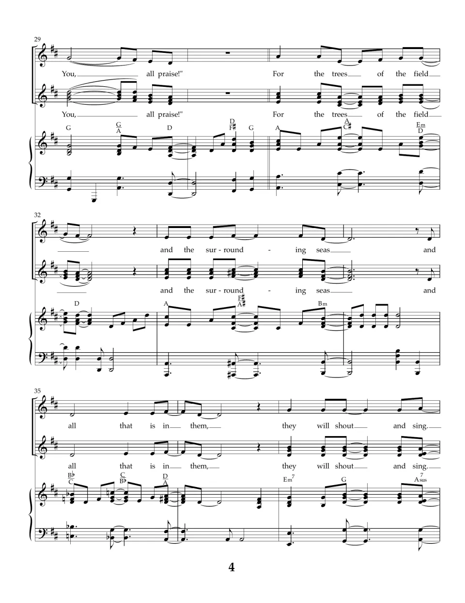 Bars 29-37: voices start a new section, "For the trees of the field and the surrounding seas," over B-flat chords