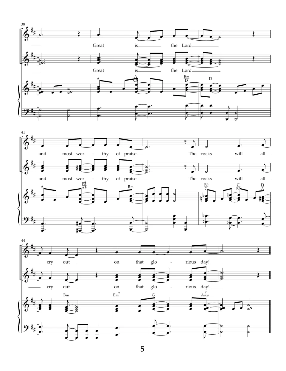 Bars 38-46: singers go on to "Great is the Lord and most worthy of praise" and "the rocks will all cry out" in two parts