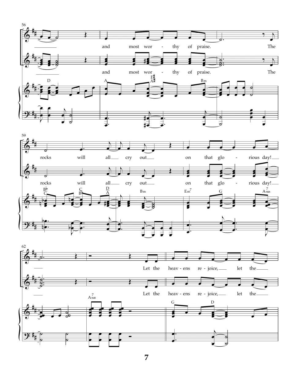 Bars 56-64: section closes on "glorious day!" and an A7sus piano bar leads back into the opening refrain