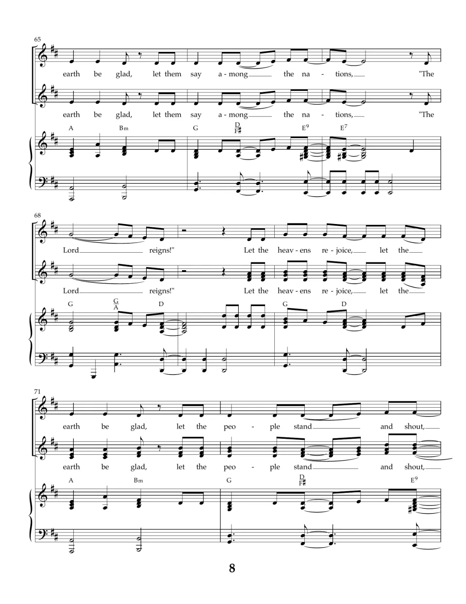 Bars 65-72: final refrain, sung in harmony, from "earth be glad, let them say among the nations" to "stand and shout"