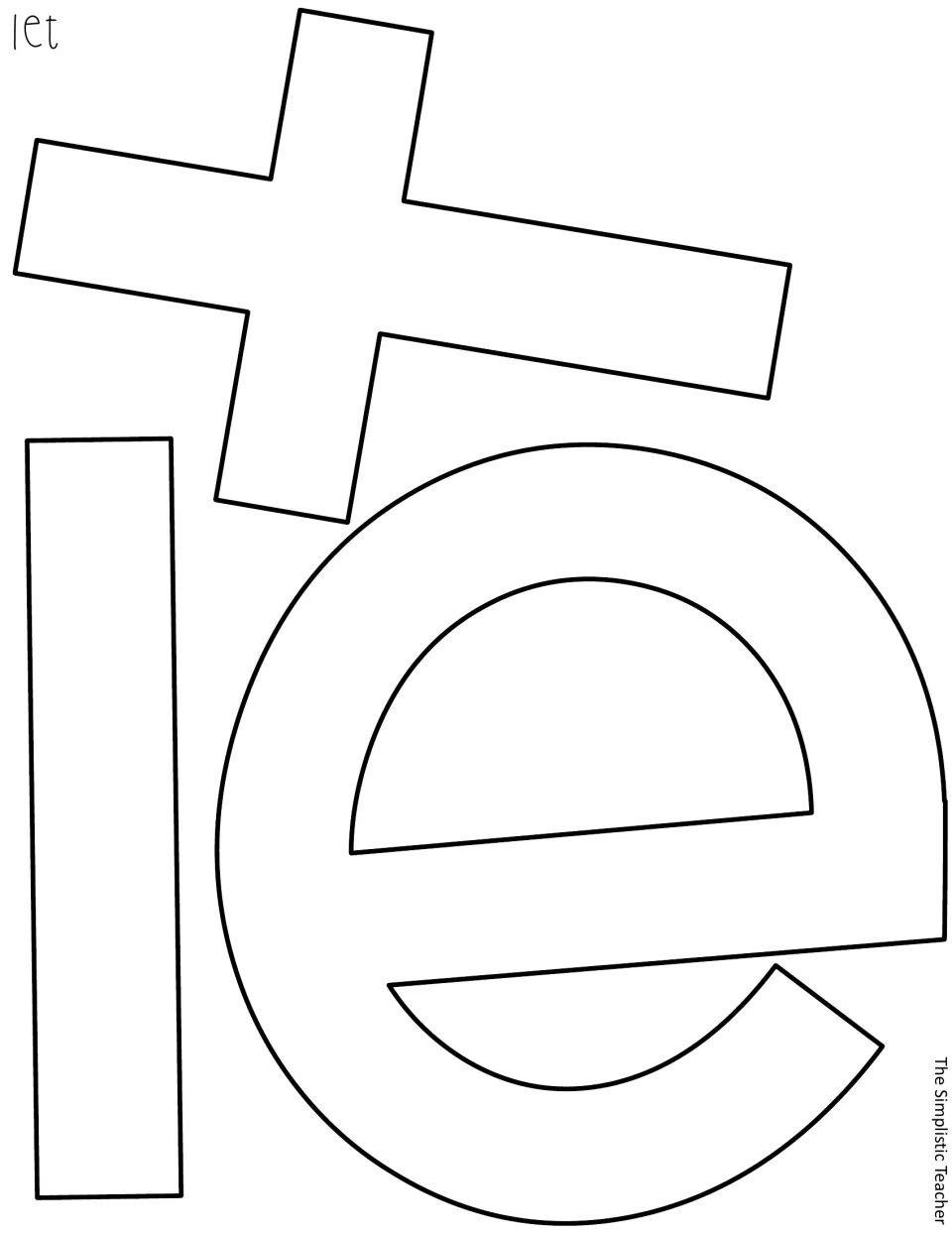 Letter cut-outs for the word let: uncolored outline l, e and t pieces to print on colored paper and cut out