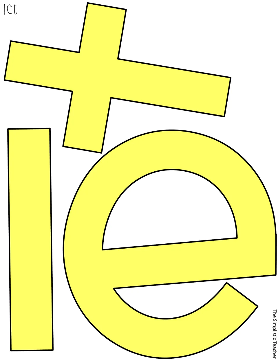 Letter cut-outs for the word let in yellow: filled l, e and t pieces for the top line of the door message