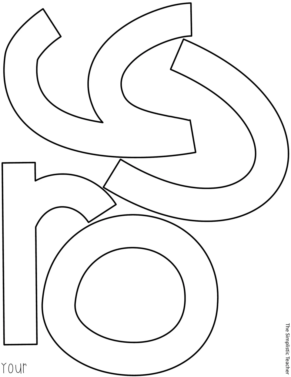 Letter cut-outs for the word your: uncolored outline y, o, u and r pieces arranged to fit one page