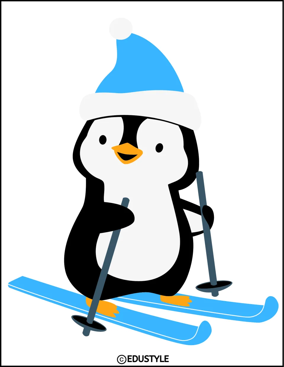 Winter penguin cut-out: a smiling penguin skiing with poles in a blue pom-pom hat on blue skis, facing to the left