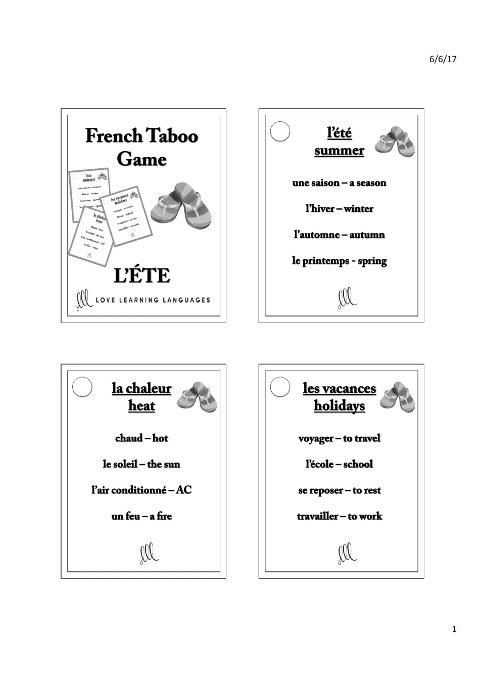 French Taboo title card and cards 1–3: l’été (summer), la chaleur (heat) and les vacances (holidays)