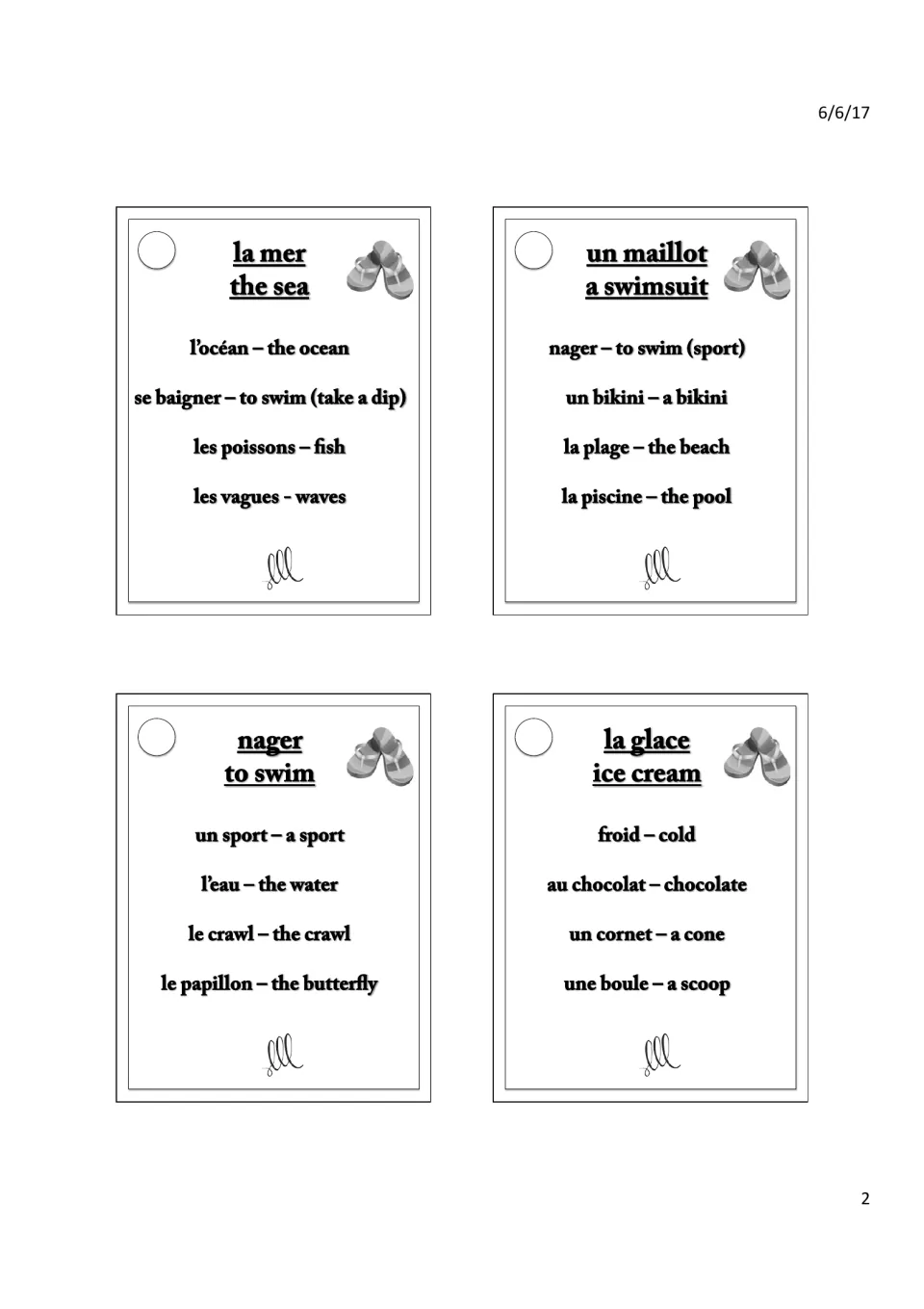 French Taboo cards 4–7: la mer (sea), un maillot (swimsuit), nager (to swim) and la glace (ice cream)