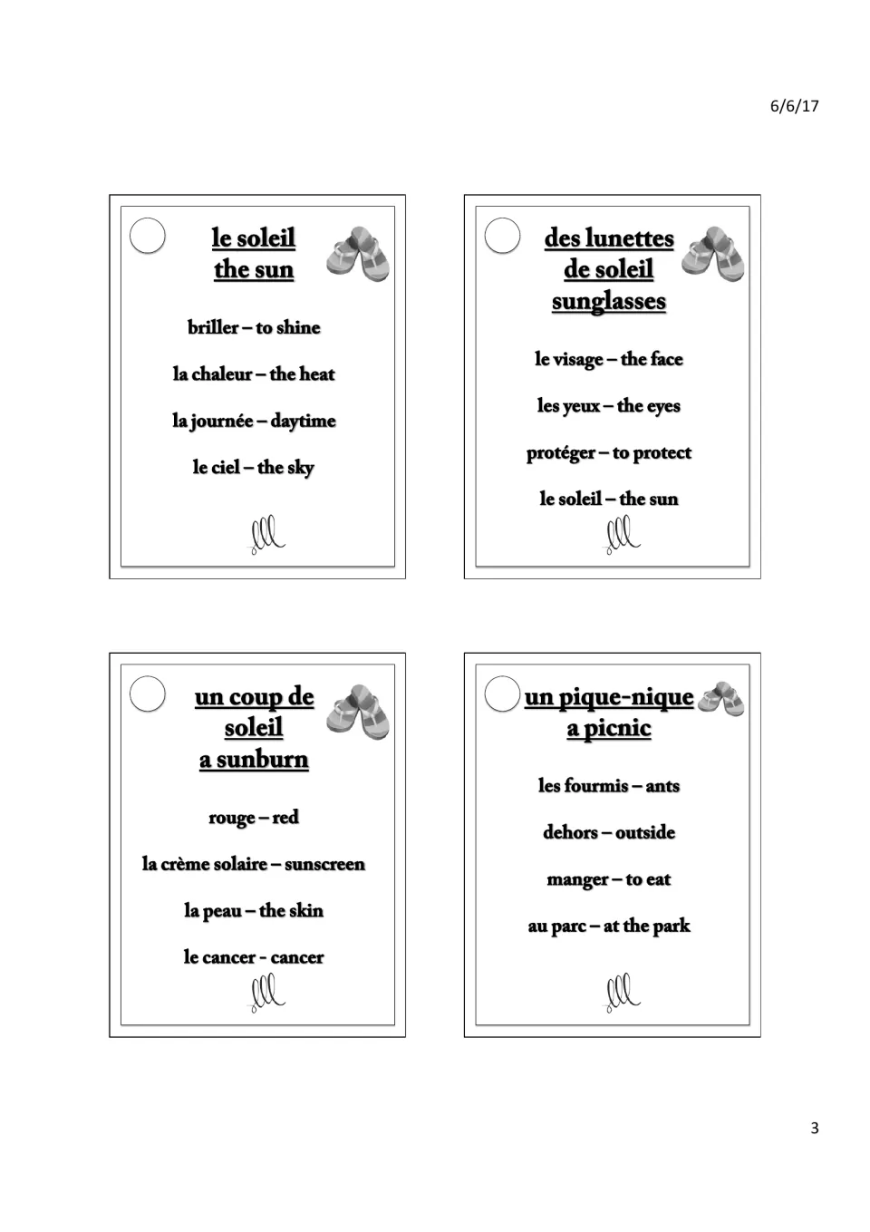 French Taboo cards 8–11: le soleil (sun), des lunettes de soleil (sunglasses), sunburn and picnic