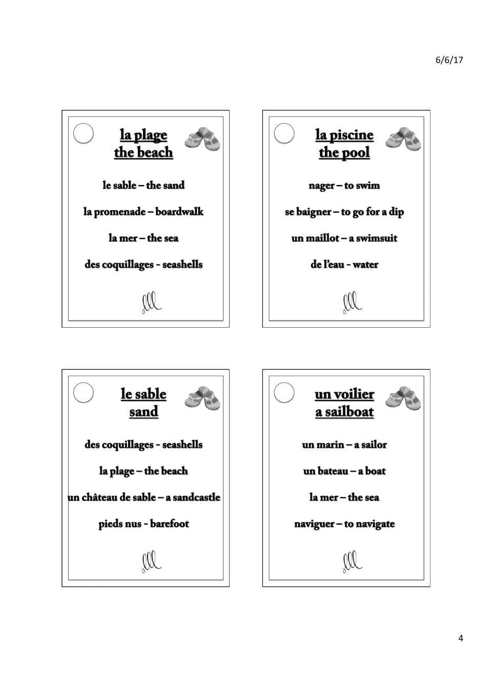 French Taboo cards 12–15: la plage (beach), la piscine (pool), le sable (sand) and un voilier (sailboat)