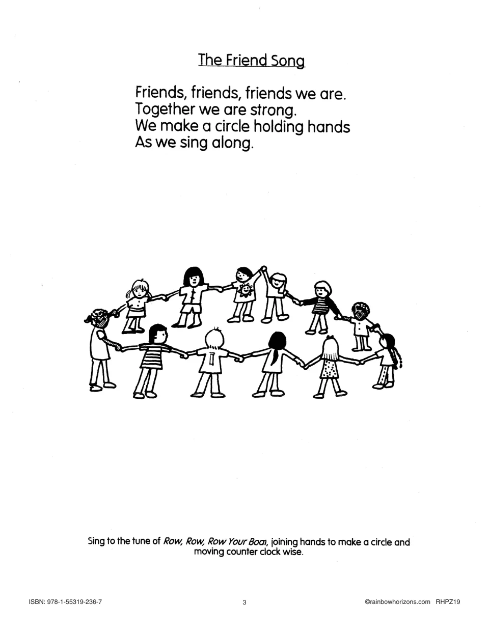 The Friend Song lyrics about holding hands in a circle, sung to the tune of Row, Row, Row Your Boat