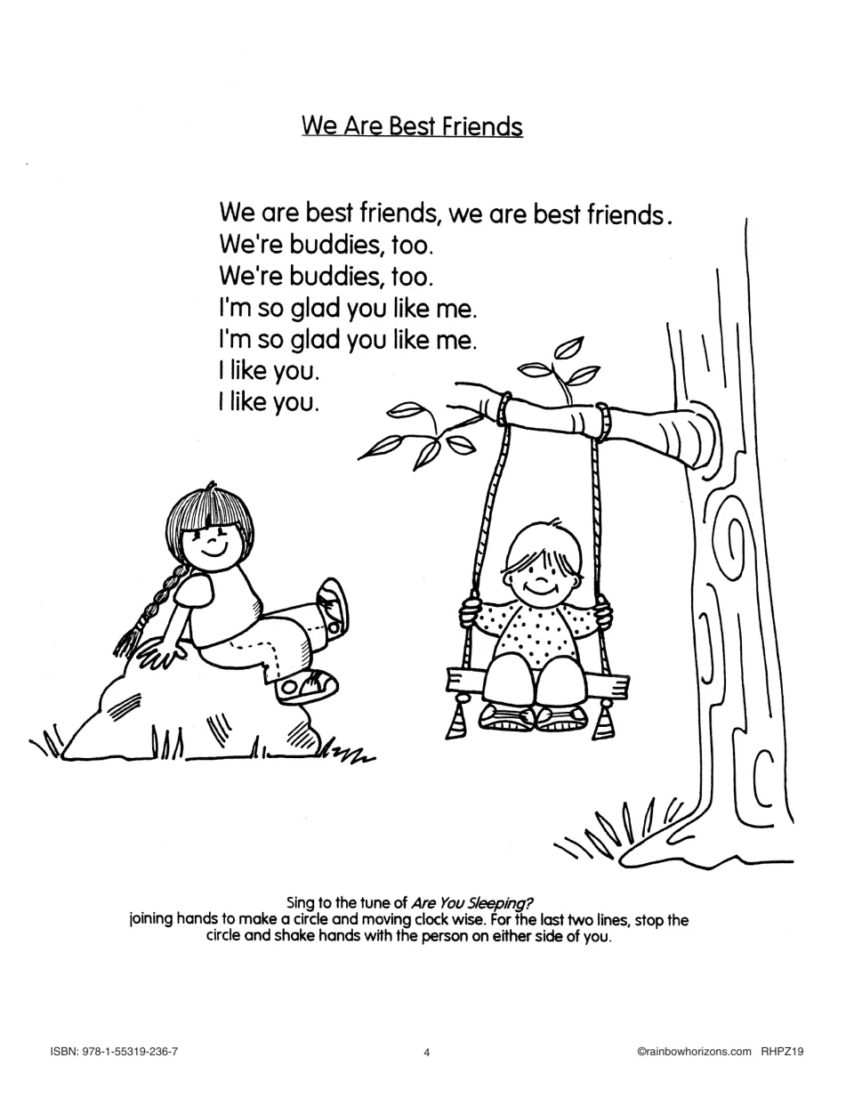 We Are Best Friends song lyrics, set to Are You Sleeping?, with directions for circling and shaking hands