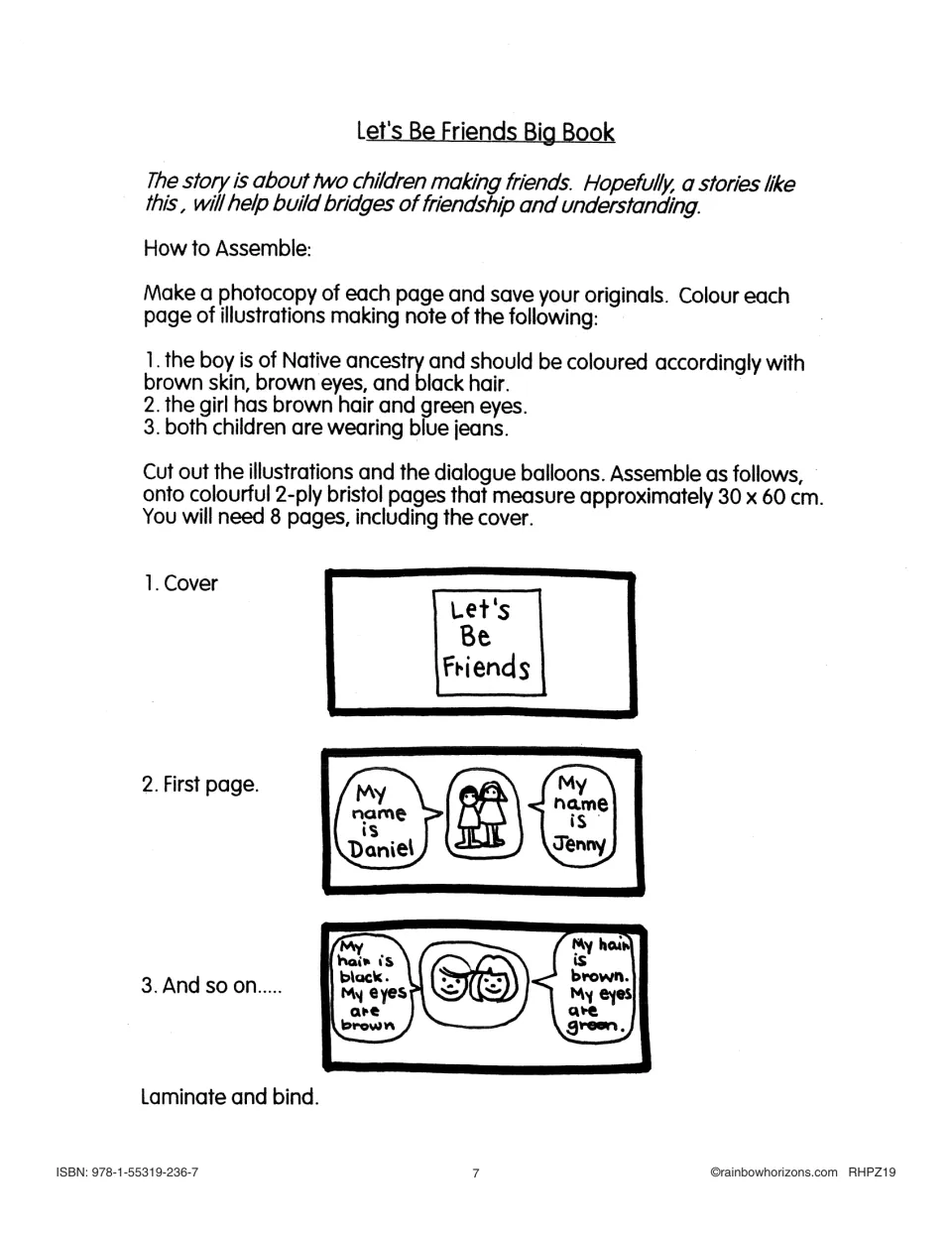 Big book assembly instructions for coloring and combining illustrations and dialogue into eight pages