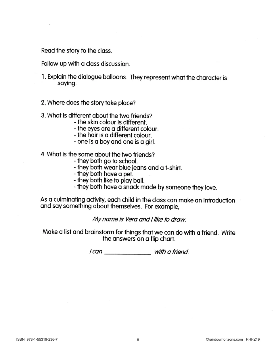 Big book discussion guide comparing the two friends, followed by introductions and a friendship brainstorm
