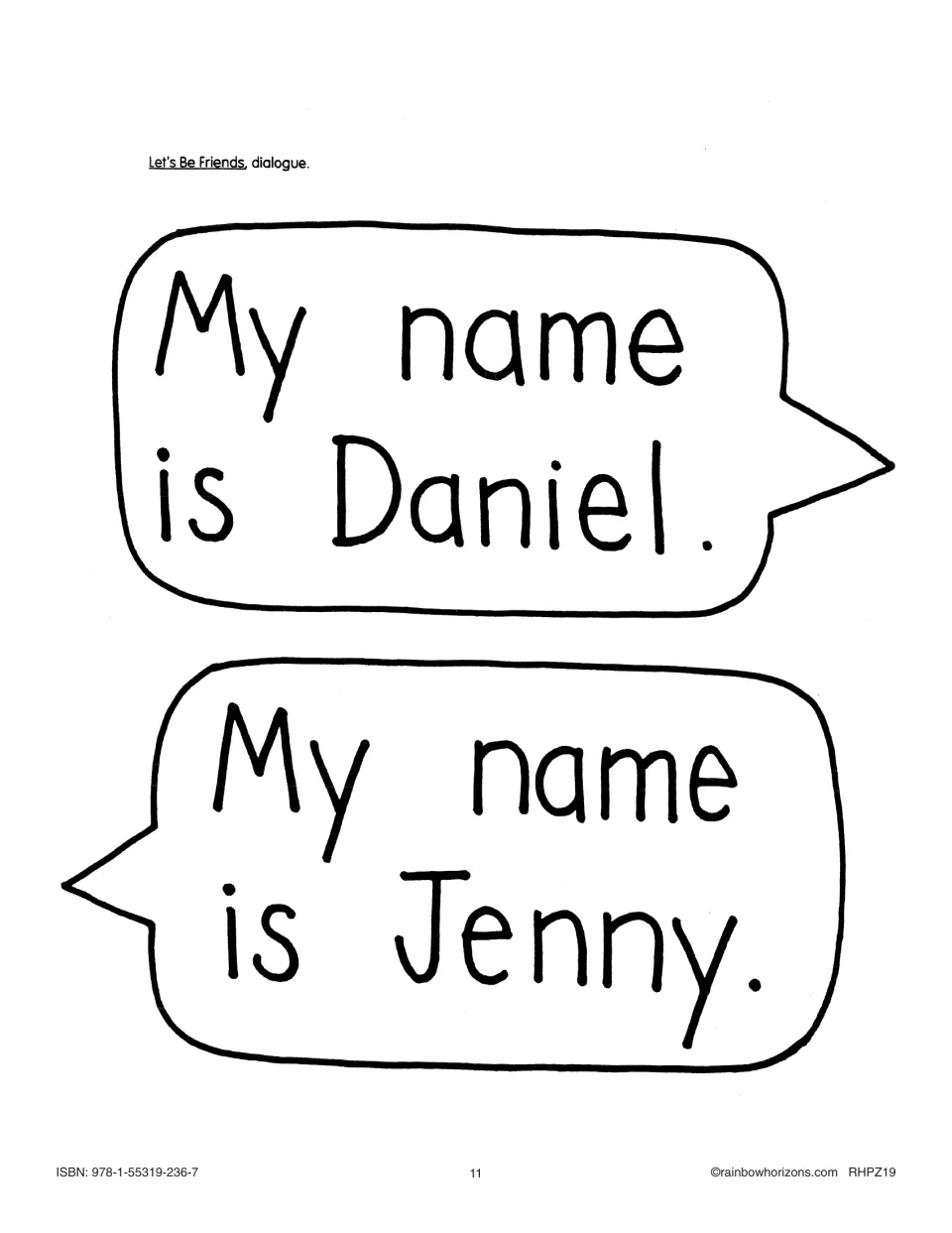 Big book dialogue cutouts for the first story page: 'My name is Daniel.' and 'My name is Jenny.'
