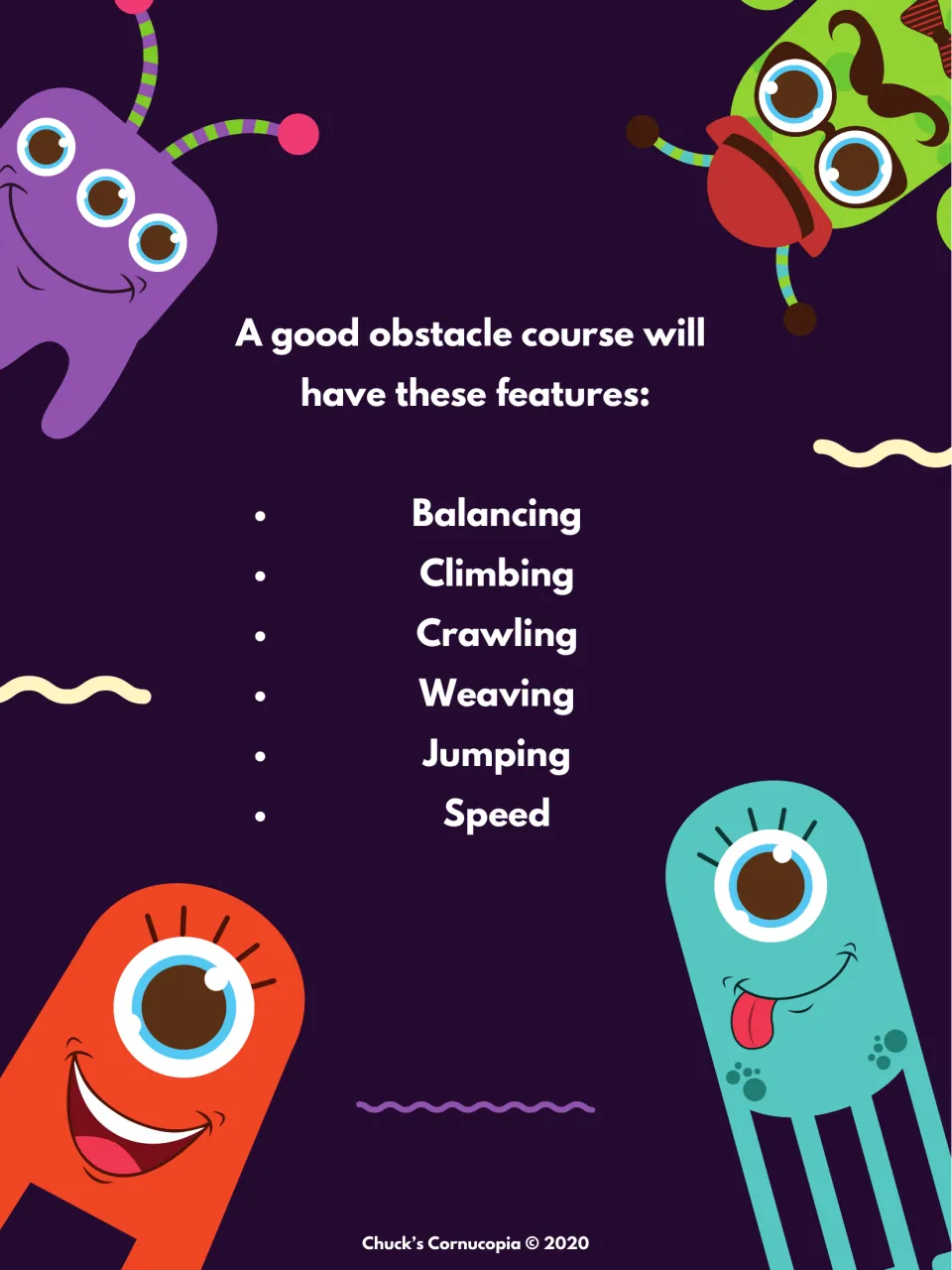 Course features list: a good obstacle course has balancing, climbing, crawling, weaving, jumping and speed sections