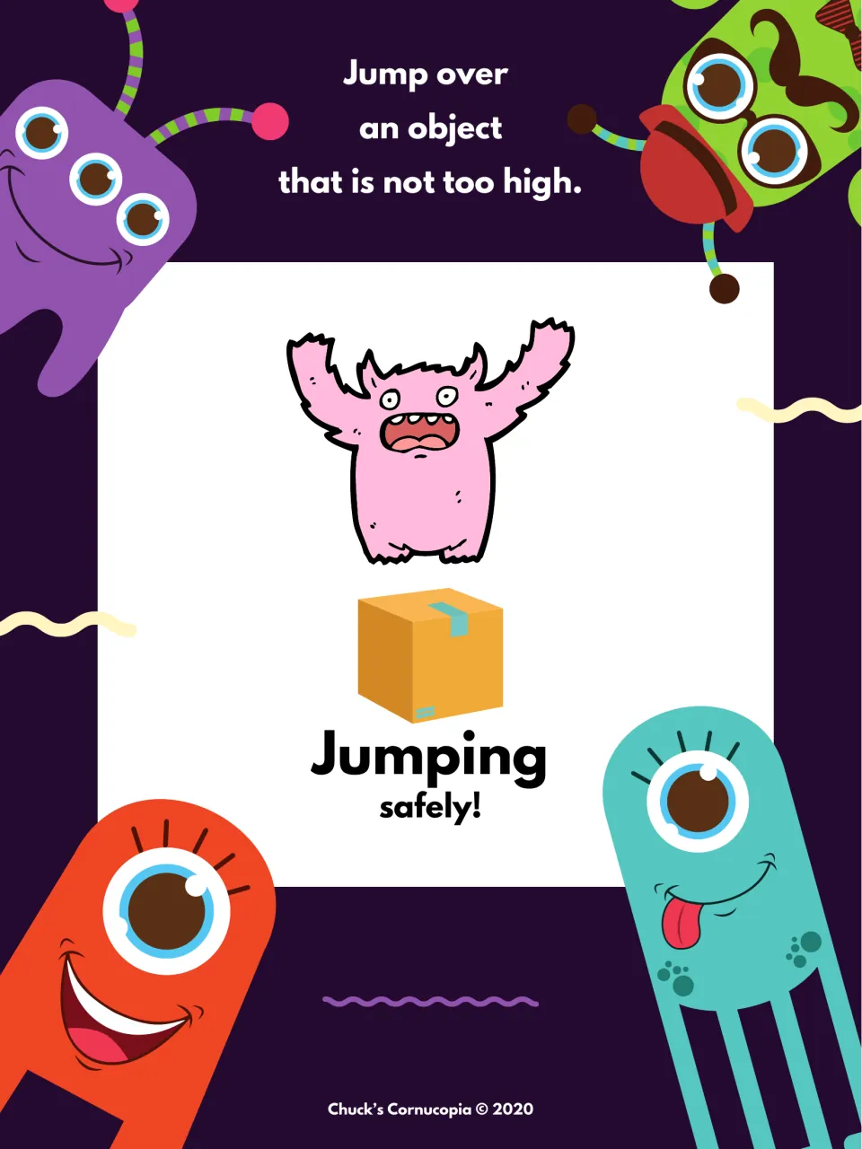 Jumping safely: a pink monster leaps above a cardboard box, telling students to jump over an object that is not too high