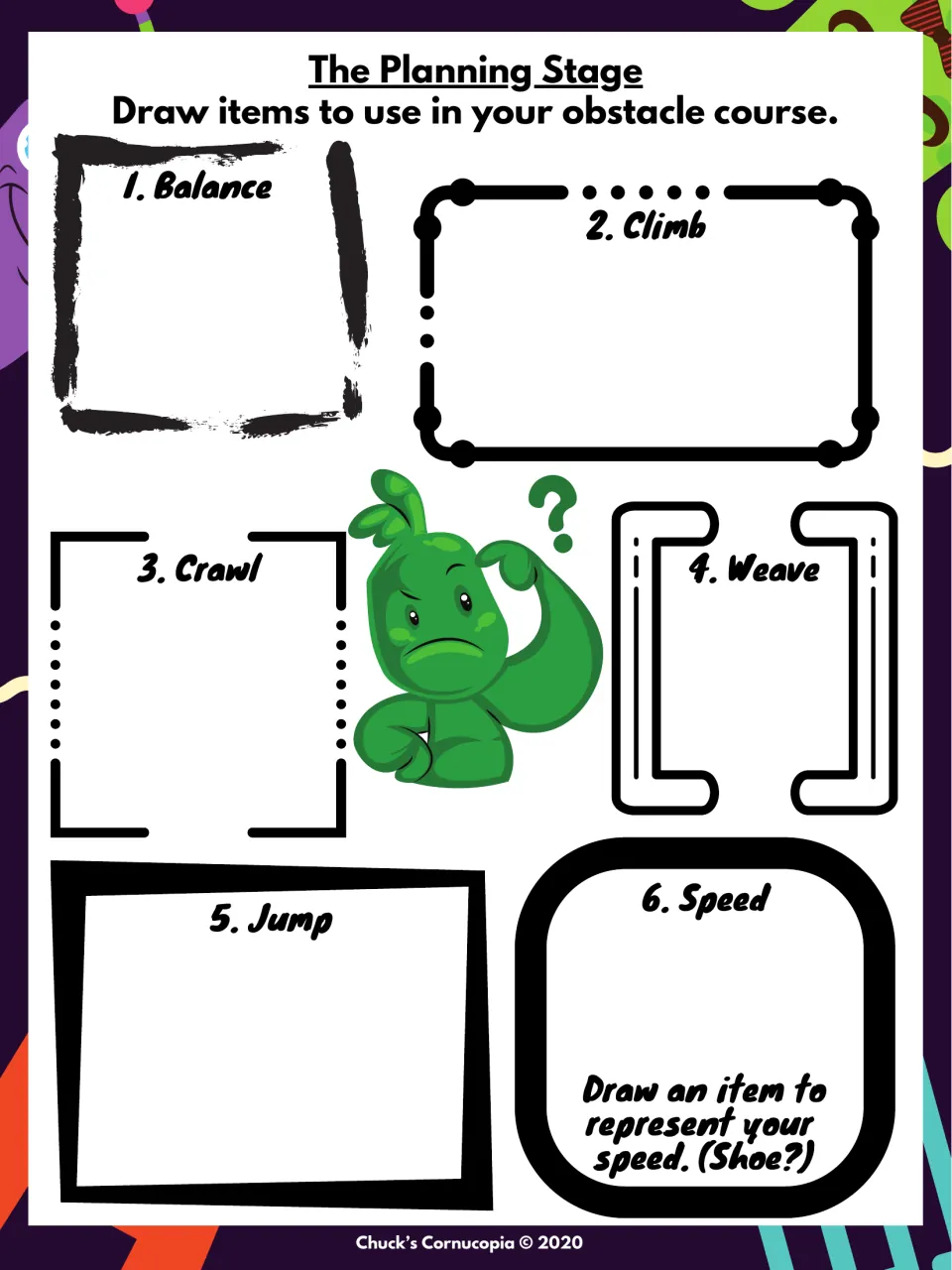 The Planning Stage drawing task: students sketch an item for each station: balance, climb, crawl, weave, jump and speed