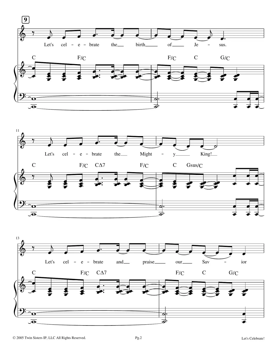 First vocal entry, bars 9-14: singers learn the tune on the birth of Jesus, the Mighty King and praising our Savior