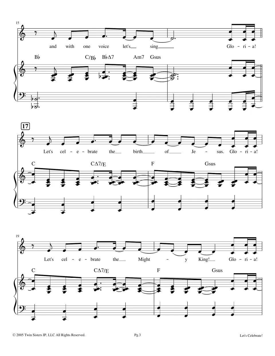Chorus, bars 15-20: singers rehearse 'with one voice let's sing Gloria!' and answer each line with a Gloria response