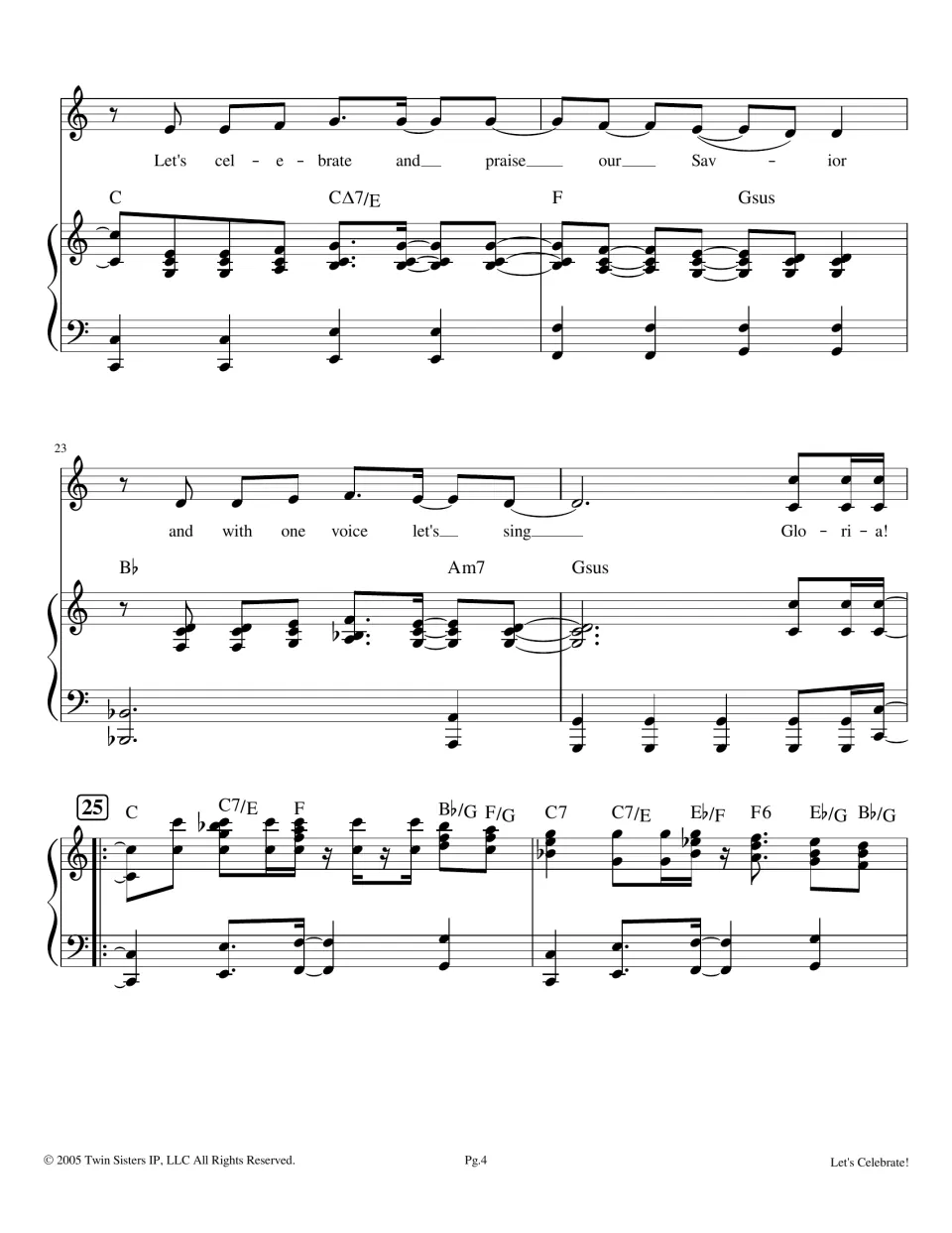 Chorus close and interlude, bars 21-26: last 'praise our Savior' line, then a repeated piano-only passage with C7 chords