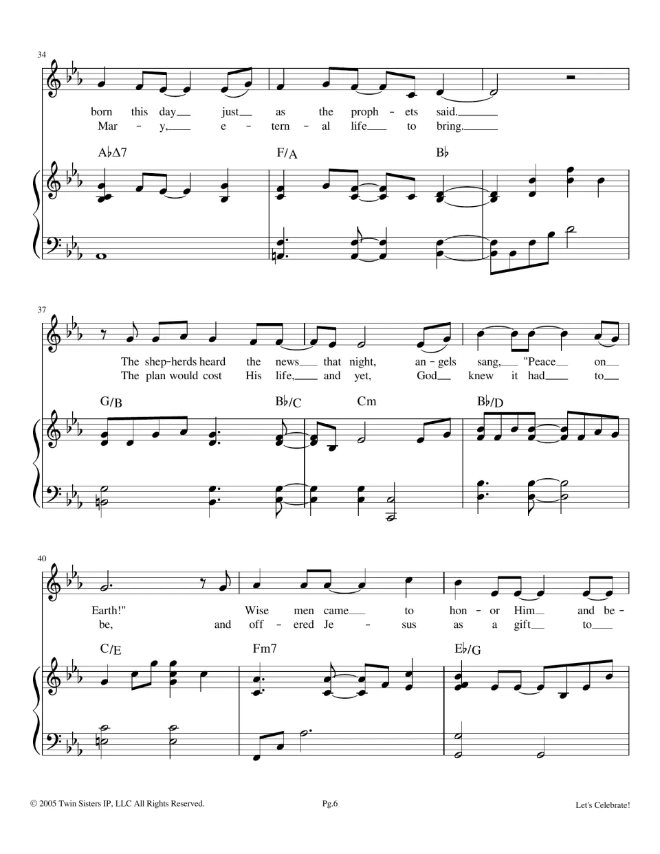 Nativity verses, bars 34-42: shepherds hear angels sing 'Peace on Earth' and wise men come to honor the newborn
